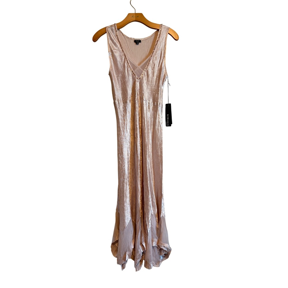 Komarov Champagne Crinkle Pleated Sequin V-Neck Handkerchief Hem Maxi Dress M
